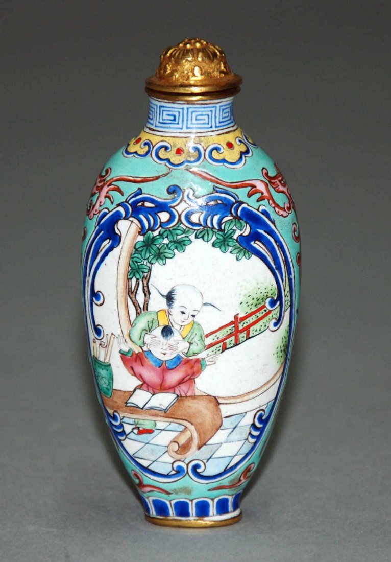 A Qianlong period bronze enamel snuff bottle (1 of 8)