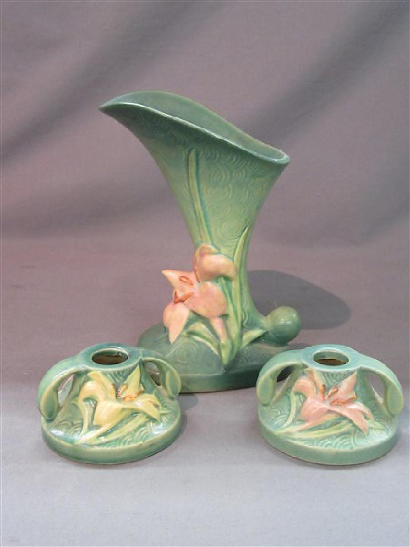 Roseville Pottery Zephyr Lilly: Three (3) Pieces. Roseville Zephyr Lilly Cornucopia vase and candlesticks. 204-8 and 1162-2
