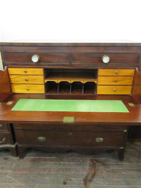 American Federal Butler's Desk: An American Federal Butler's Desk. c.1800.Mahogany, Birdseye maple and pine secondaries.Dimensions: 49" X 46" X 21 1/2"