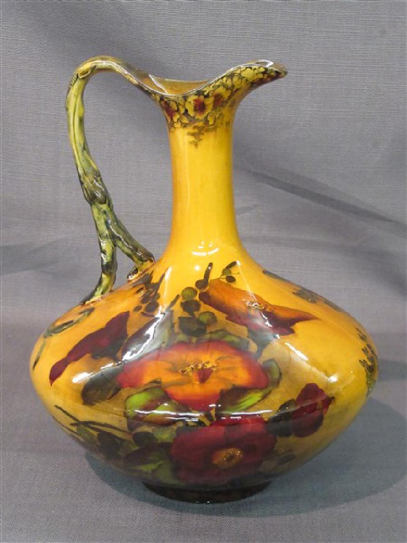 George Jones, Madras Ware Ewer England: A fine hand painted glazed ewer. Madras Ware Stroke on Trent , England. Makers: George Jones & Sons. 19th c.. Signed at base. Dimensions: 9" X 8"