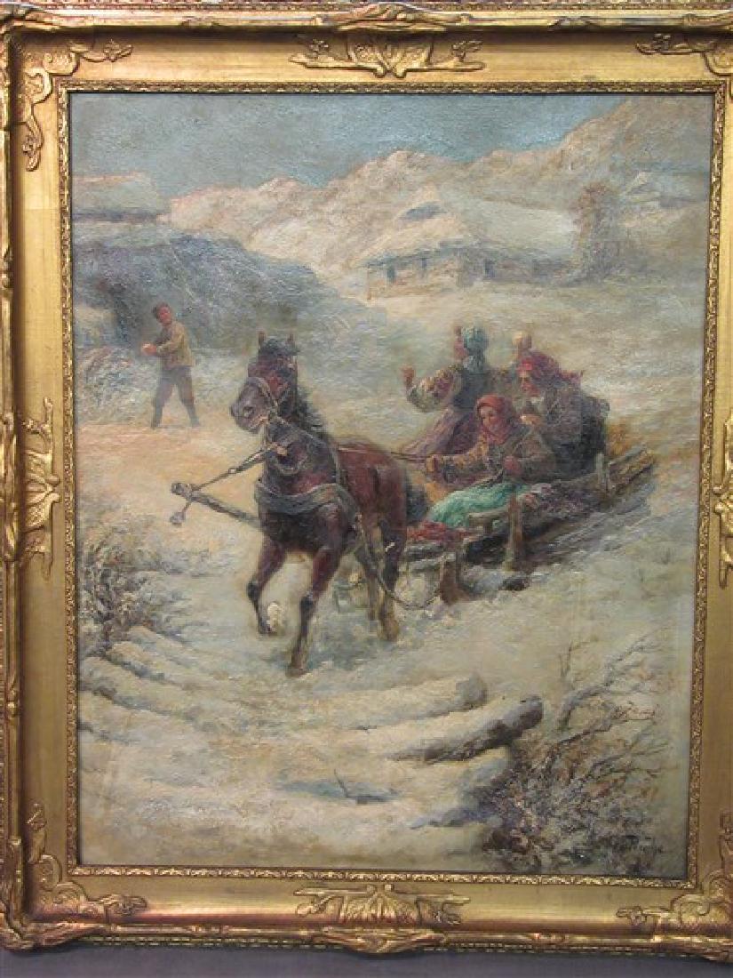Early 20th Russian Oil on Canvas "Snowball Fight" (1 of 9)