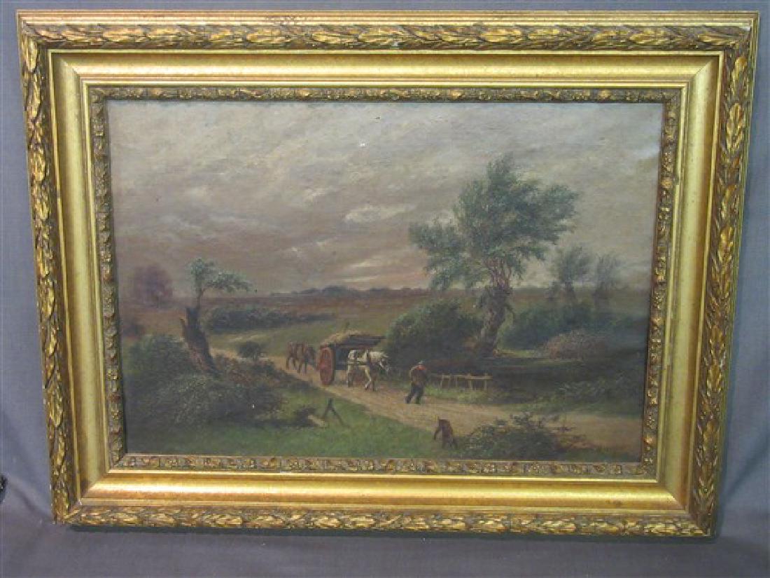 19th C. European Landscape: An oil on canvas landscape with horse drawn hay wagon. Probably English late 19th c. Illegibly signed lower right. Dimensions: 19 1/2" X 13 1/2"