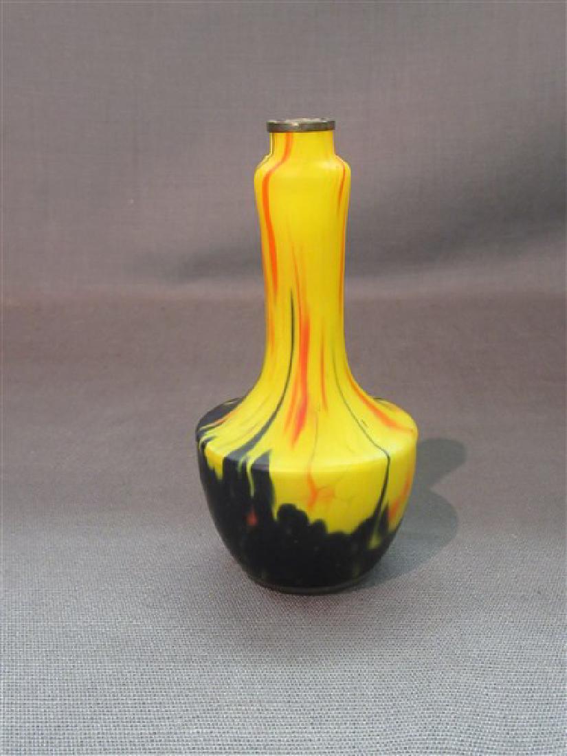 End Of Day Glass Cabinet Vase: An early 20th century end of day glass cabinet vase with silver rim. Probably Czech. Dimensions: