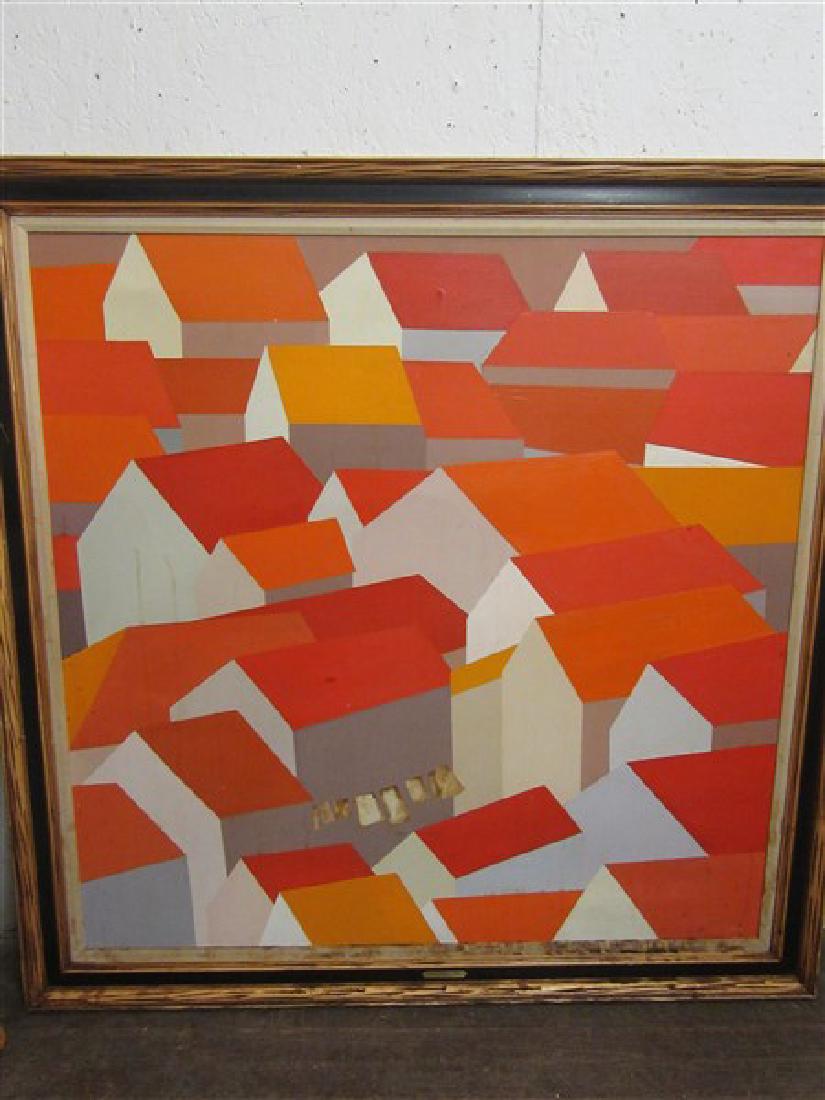 Jytte Willis (fl 20th century) "Danish Fishing Village": Artist:Jytte Willis Title: " Danish Fishing Village" Dimensions: 46'' X 46'' Medium: Acrylic on Canvas. Framed. Signed: Jytte at lower right. Note: Soiling and staining to the lower section of the can