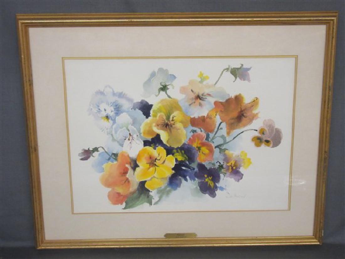 Ruth Baderian (American 1927 - 2010) "Pansies": Dimensions: 14" x 19 1/2" Medium: Watercolor on paper. Matted and framed Signed: At lower right
