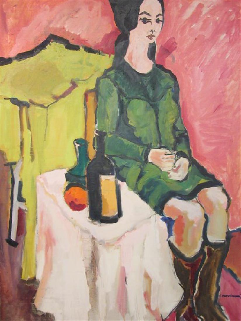 Connie Prestianni (American, 20th C.) Girl With Boots: Artist: Conni Prestianni (American, 20th century)Titled: Girl with boots.Oil on canvas.Signed lower right.Dated: 1968.Dimensions: 40" X 30"