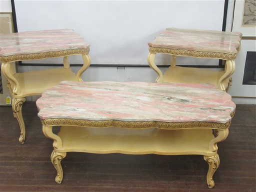 French Provincial Pink Marble Top Coffee And End Tables