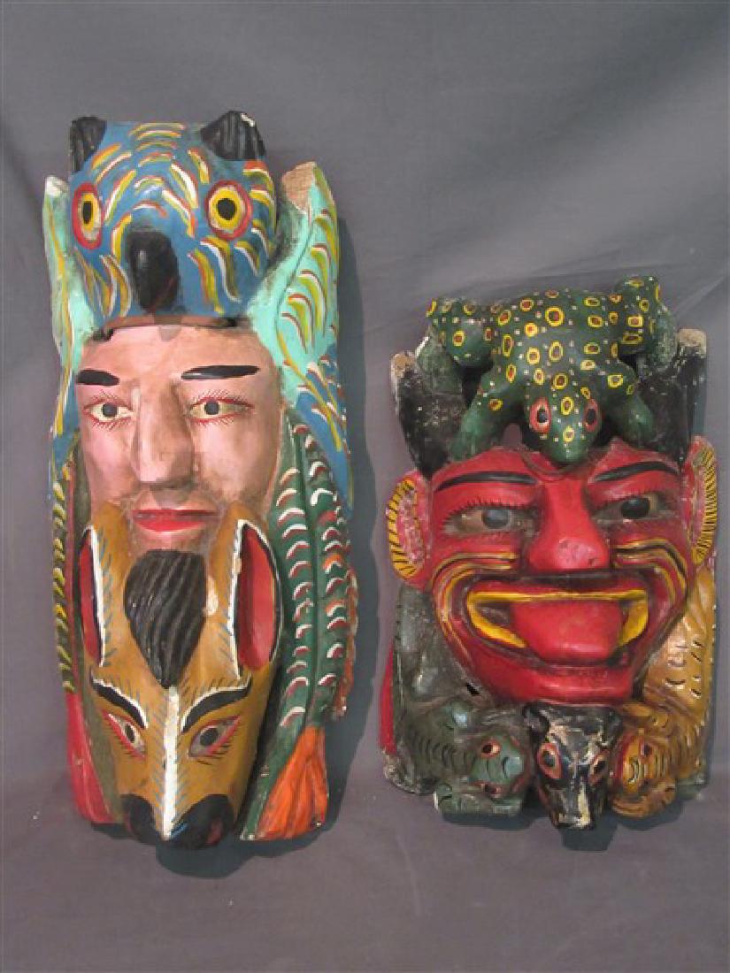(2) Mexican Polychrome Painted Carved Wood Totem Masks (1 of 5)
