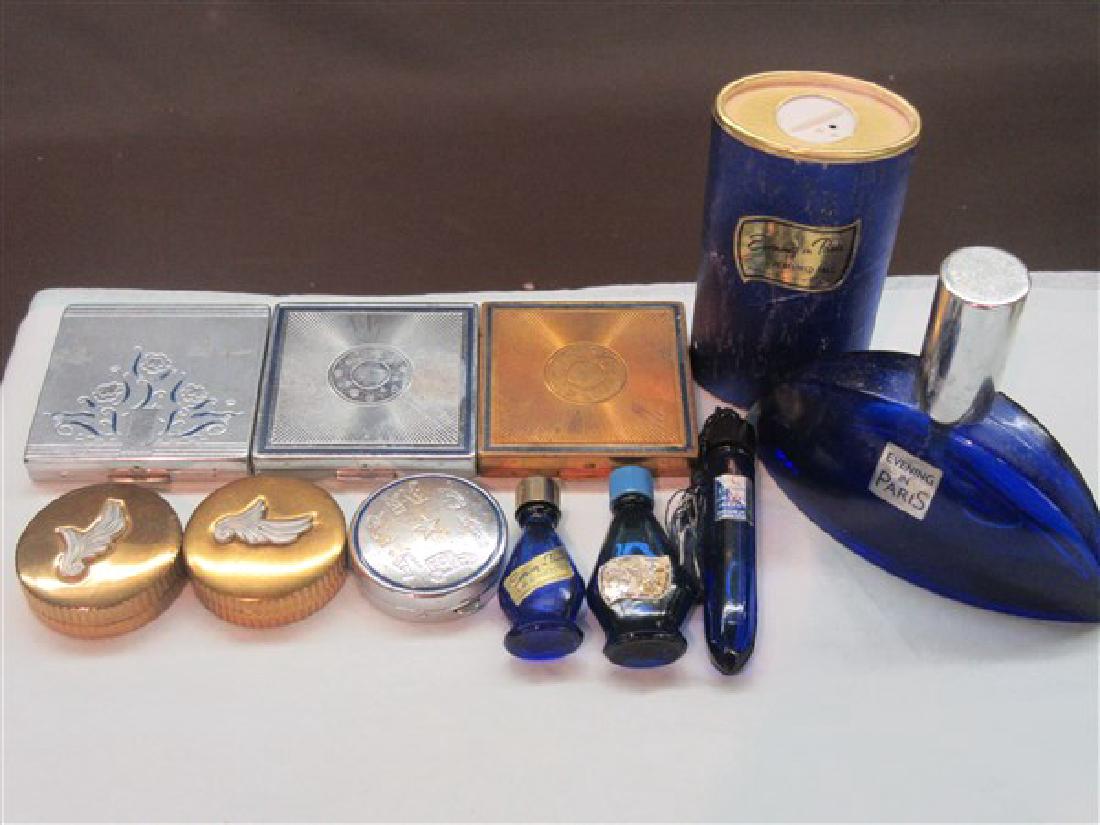 Collection of Bourjois Evening In Paris Compacts: A collection of Eleven (11) (11) Evening in Paris powder and rouge compacts, bottles and talcum powder container. As seen in photograph preview.