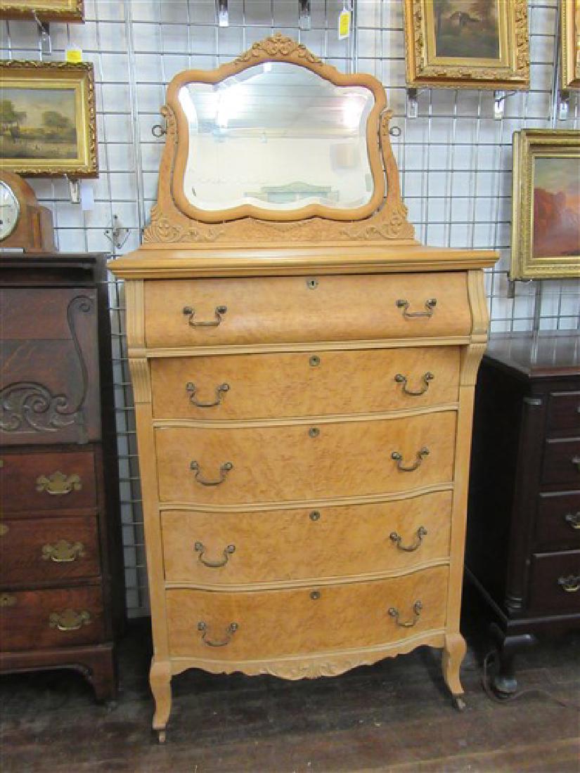 Antique Birds Eye Maple Tall Dresser With Mirror