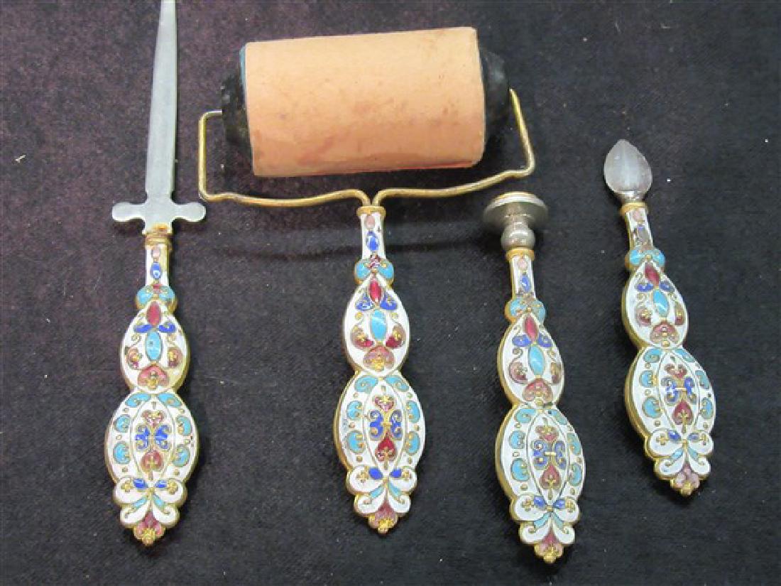 Antique Enameled Stationary Tool Set: An antique enameled stationary set including seal, letter opener and blotter.