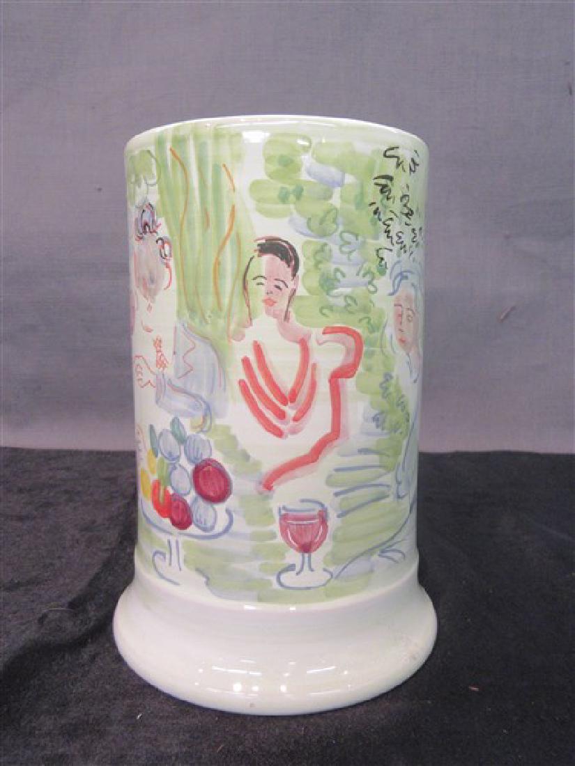 Deruta Italy Ceramic Vase, Raoul Dufy: Deruta, Italy ceramic cylinder vase or wine cooler. Signed Raoul Dufy copyright, Made in Deruta, Italy. Dimensions: 8 1/4" X 5"
