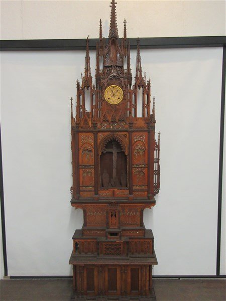 7ft Tall Victorian Folk Art Fretwork Christianity Clock: An unusual 7ft tall Victorian fretwork clock depicting a highly ornate cathedral with crucifix, stations of the cross and Christianity based themes. Stands over 7ft tall and 27" width. A box with vari