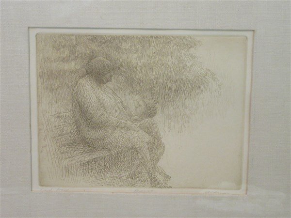 Harold Altman, Etching Female Sitting On A Park Bench: An etching by Harold Altman (American, 20th c.)Titled: "Bench". A female figure seated on park bench with child kneeling at her side. Artist Proof. Signed lower right.Dimensions: 9" X 7"