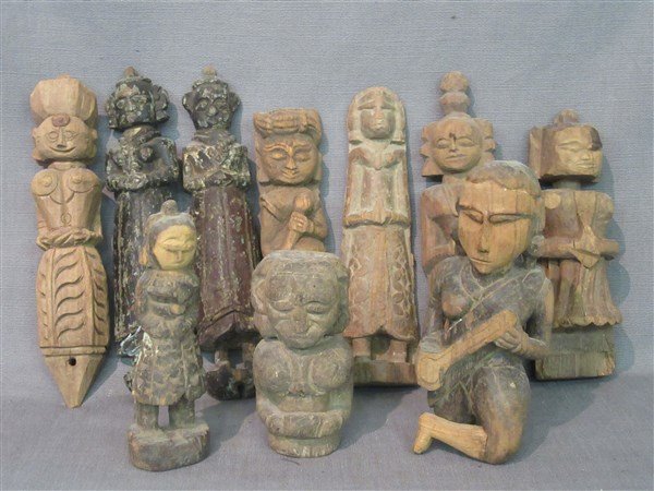 Ten (10) Indian Provincial Carved Wood Figures (1 of 3)