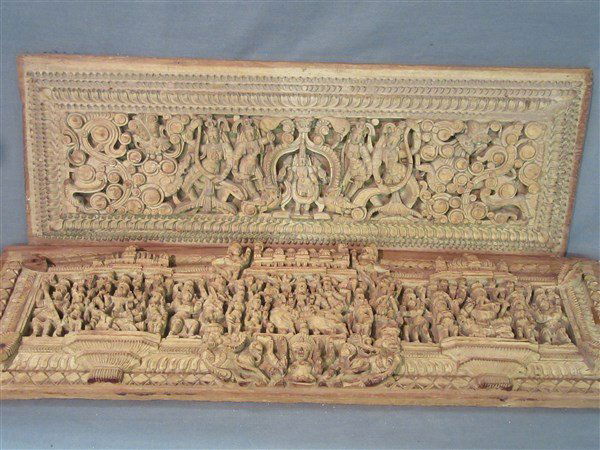 Two (2) Indian Heavily Carved Wood Chariot Panels (1 of 5)
