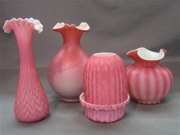 Four (4) Victorian Satin Glass Vases And Fairy Lamp (1 of 2)