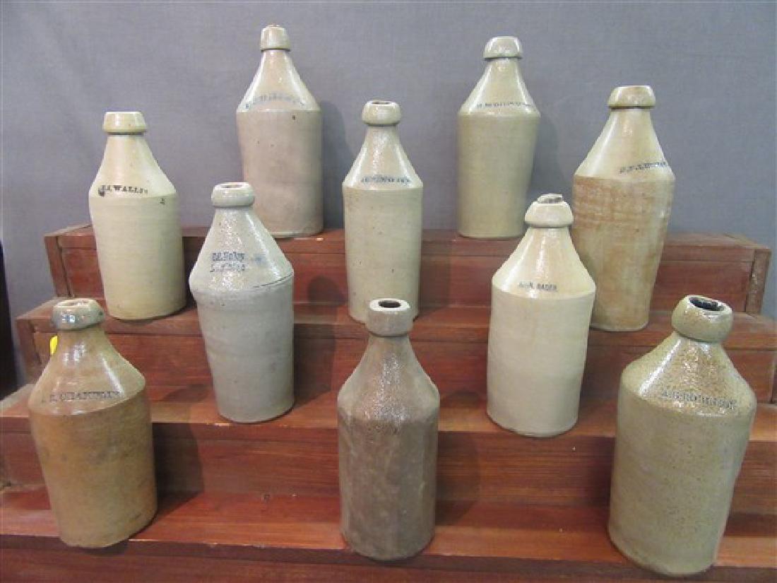 10 Stoneware Bottles: A.B. Robinson, John Radar, R.F. Leeman & co. D.Lo & Son. J.R. Champlin, C.C. Haley, M Dinsmore, D.P. Worth, J.A. Wallis, Fred H. Peck