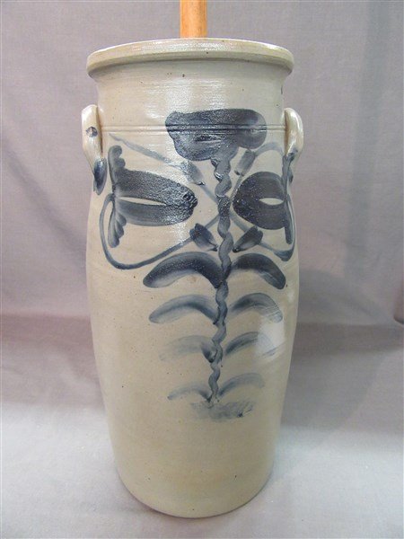 Large Stoneware Butter Churn: Large Stoneware Butter Churn decorated in Cobalt Blue Has Lid and original wood churn_x000D_
