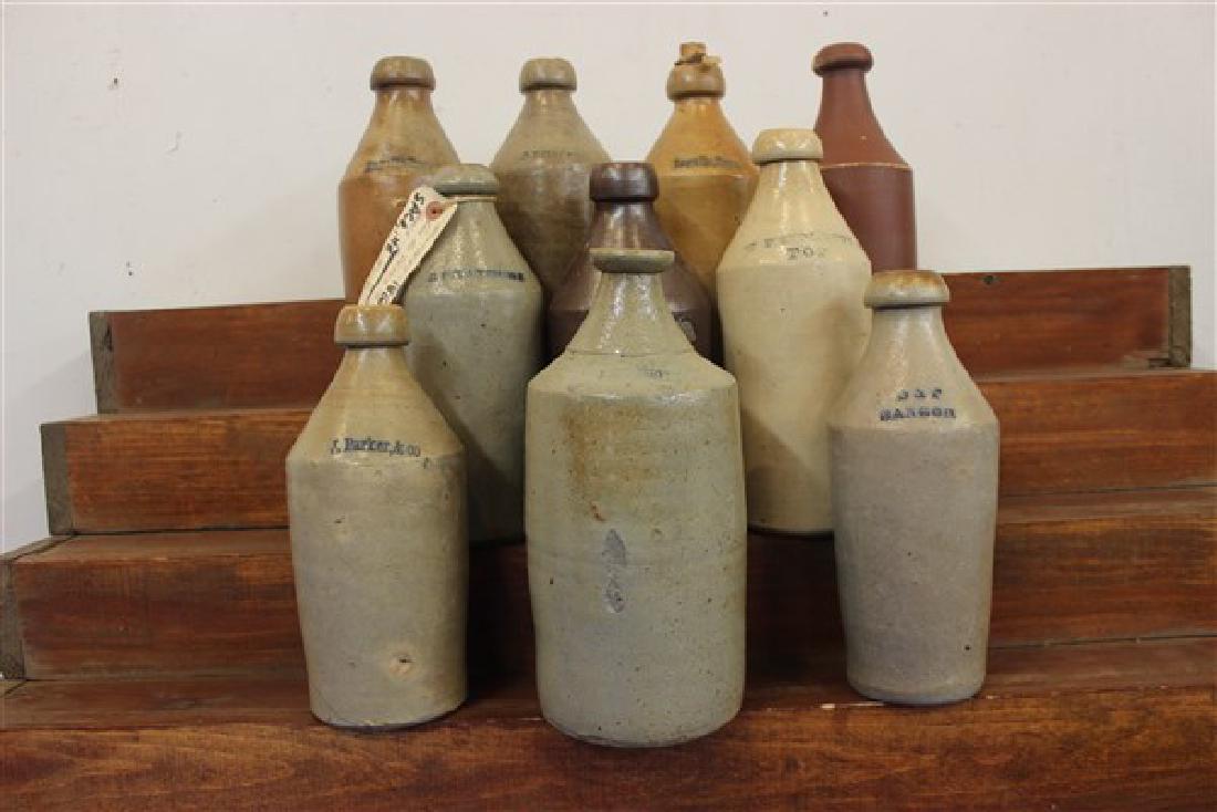 10 Stoneware Bottles: Ten (10) Stoneware bottles. J. Barker & Co., F. C. Bracket, W. Pendleton Jr. POP, D & P Bangor, Jones & Co., Ingalls Bro's, B. F. Haley