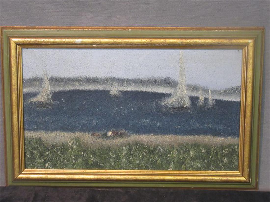 Lawrence Rothbort (American, 1920-1963): Artist: Lawrence Rothport (American, 1920-1963) Untitled: Summer grassy beach scene with sail boats in water on a clear day. Oil on canvasboard. Dimensions: 15 1/2" X 9" and 19" X 12" framed