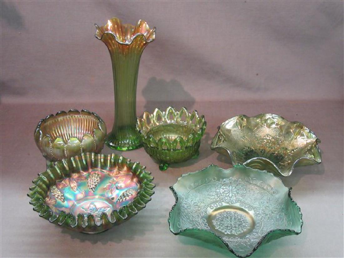 6 Piece Green Carnival Glass Lot with Fenton Daisy,: 6 Piece Green Carnival Glass Lot as seen in Photograph Preview. Including Fenton Daisy and Clover. And Northwood