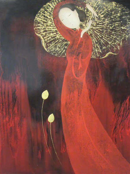 Dinh Quan (Vietnamese, b. 1964) Young Girl: Dinh Quan (Vietnamese, b. 1964) Titled: Young Girl Executed 2005 Lacquer on wood Dimensions: 39" X 39" and 47" X 47" (frame) Matted and in molded gilt and ebonzied frame. Provenance: Apricot Gallery, 