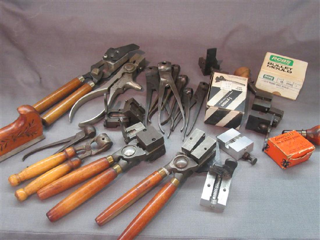 Bullet Mould Tool Lot: A compiled grouping of bullet mould tools. As seen in photograph preview or call. Makers including Lee, Lyman and RCBS, Ideal etc.