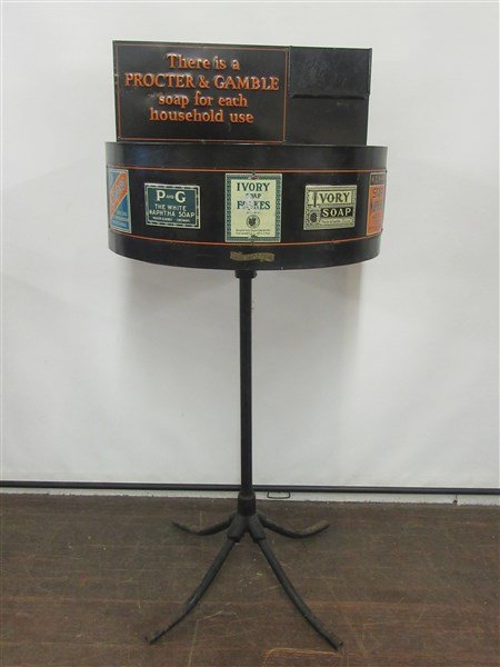 Proctor And Gamble Ivory Soap Advertising Soap Bin: Proctor and Gamble ivory soap advertising soap bin. Early 20th century tin bin with iron base. Proctor And Gamble soaps Star Naphta, Chipso, Ivory Soap, Flakes and P&G. Dimensions: 49" X 22"