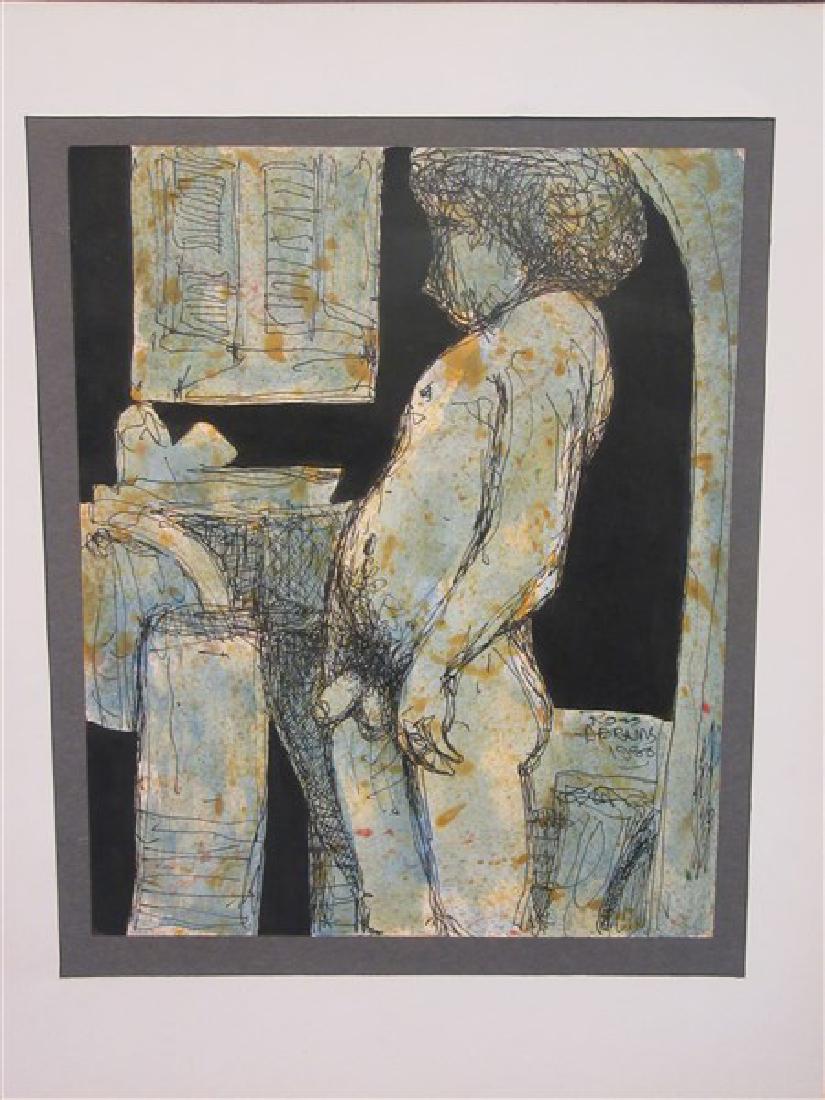 Ross Abrams (American b. 1920) Male Nude: Ross Abrams (American b. 1920) Untitled: Standing Male Nude Mixed media on paper. signed and dated 1988 lower right. Dimensions: 7 3/4" X 9 1/4"