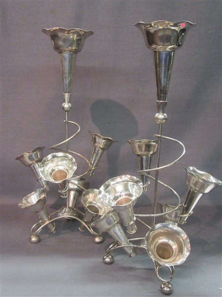 Victorian Silver Plated Epergnes: A fine pair of Victorian silver plated epergnes. Early 20th century.Dimensions: 20" X 12"
