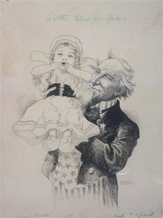 Robert Carter Uncle Sam Illustration Pen In Ink: Robert Carter (American) Titled: Little Old New YorkPen in inkUncle Same with little Dutch girl. Dimensions: 21" X 28"