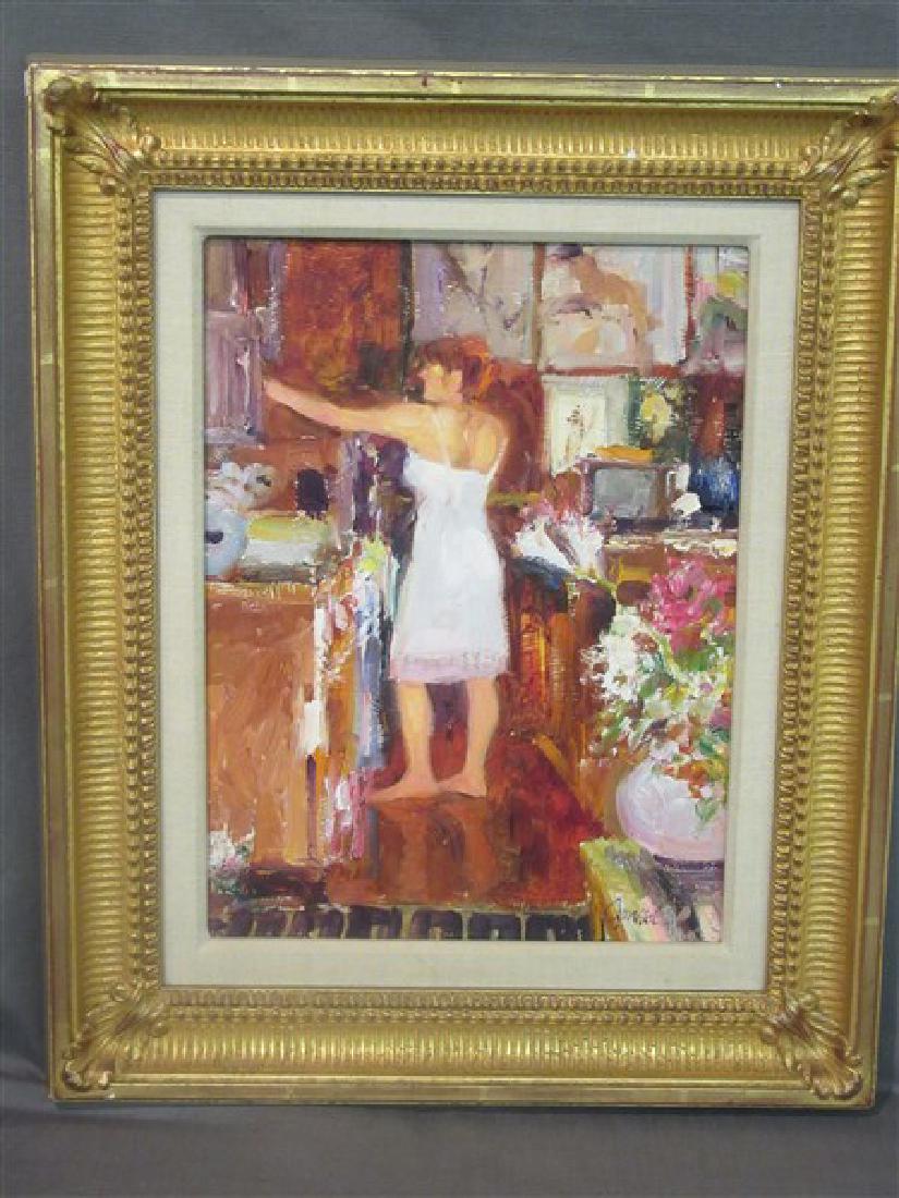 Walt Gonske b.1942 "A Cup Of Tea": Artist: Walt Gonske (American b.1942) Titled: A Cup of Tea Oil on panel Dimensions: 16" X 12"