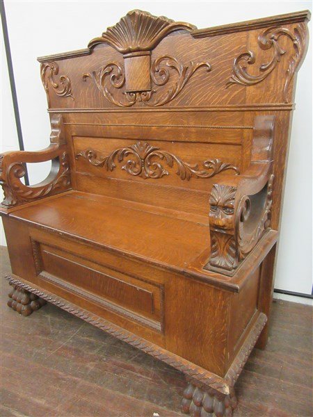Victorian Heavily Carved Oak Hall Bench (1 of 5)