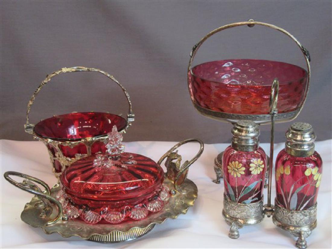 Victorian Silver Plated Cranberry Glass Serving Pieces (1 of 8)