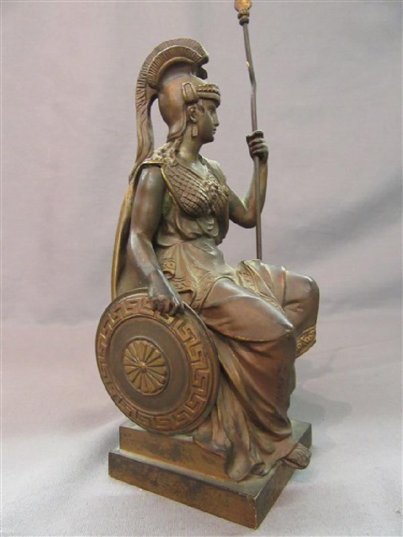 19th century Bronze Female Warrior: A Romanesque style bronze female warrior with spear and shield. Unsigned 19th century. Dimensions: 10 1/2" X 3 1/4" X 3"