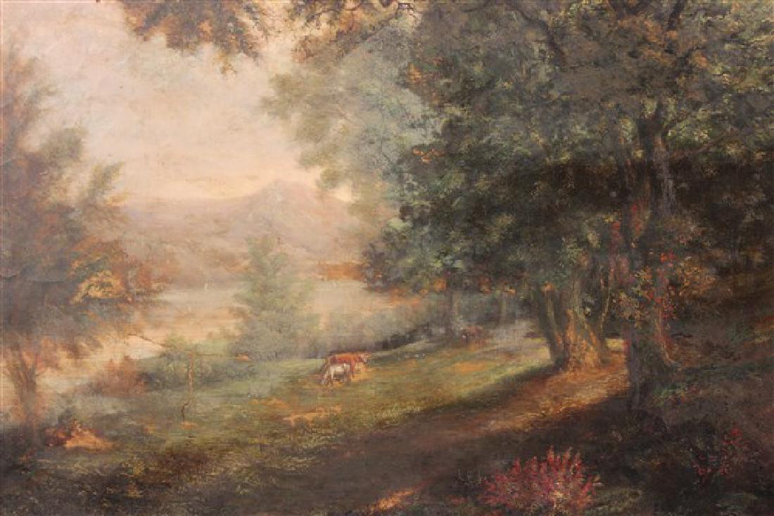 18th/19th c. English Landscape Oil Painting: 18th/19th century English Untitled: Landscape painting with cows and river in distance. Oil on canvas. Unsigned. Reverse canvas stamped Charles Roberson 99 Long Acre London and W.S. Chaus Sellers New 