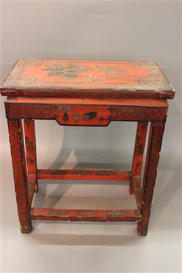 19th c. Chinese Red Lacquered Altar Table: A 19th century Chinese red lacquered altar table. Dimensions: 19"h X 16"L X 9"d