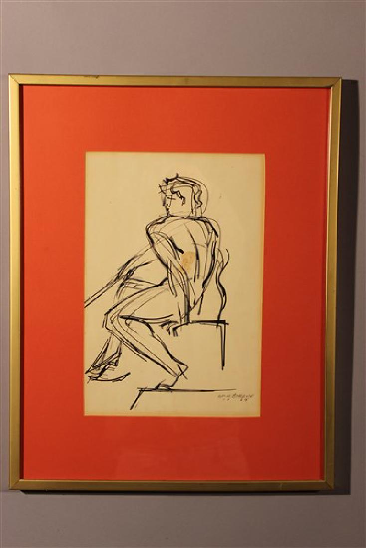 William H. Littlefield, Pen in Ink Nude Male Study: Artist: William H. Littlefield ( Provincetown, American, 1902-1969) Untitled: Male Nude Study Pen in ink Dimensions: 12 3/4" X 8 3/4" and 20" X 16" framed Signed lower right and dated 1929 Provenance:
