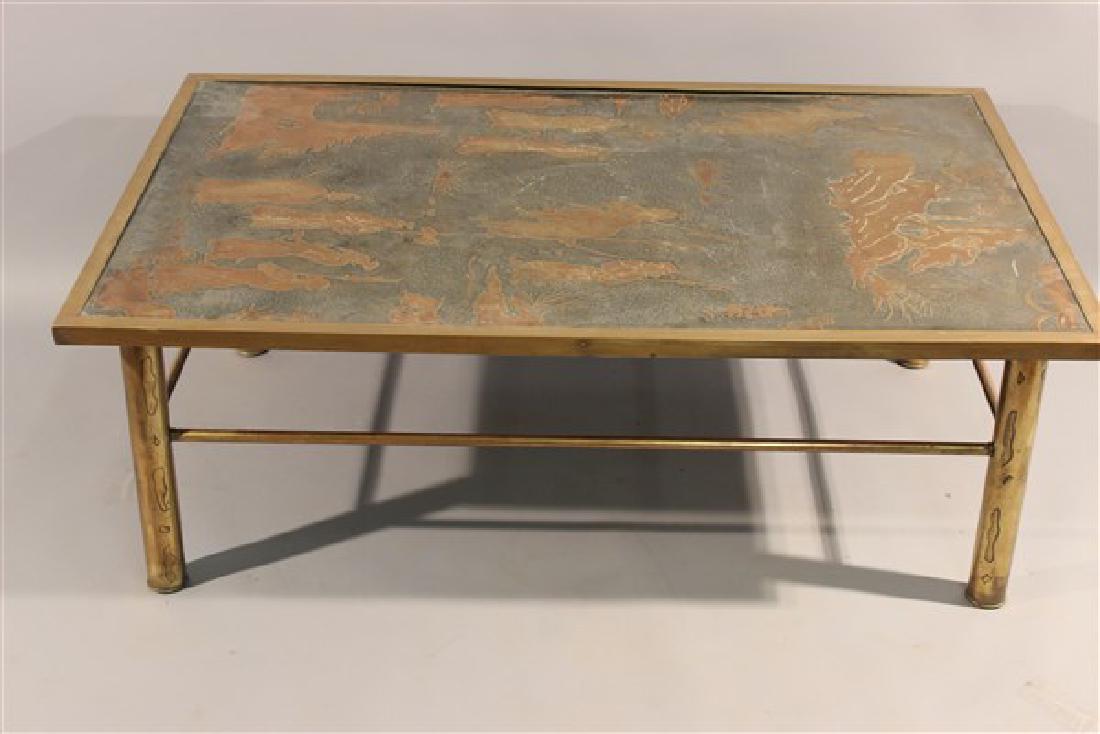 1950's Philip Laverne Coffee Table: Philip Laverne coffee table. Brass and wood. Mid 20th century. Custom made c.1950 Signed P. Laverne Dimensions: 17 1/4"h X 48 1/4" L X 30 1/4"d