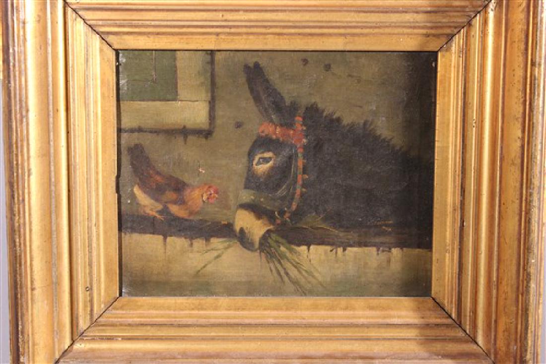 19th C. Folk Art Farm Animals Painting: A 19th centry folk art painting of Donkey with chicken. Unsigned.Oil on canvas. Housed in original gilt wood frame. Dimensions: 13" X 15' Provenance: Estate of John Bocchieri, Brooklyn, New York Inv.