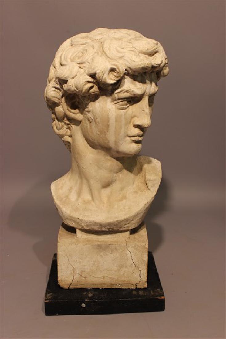 Large Head of David, After Michelangelo: A large head of David, after Michelangelo. Heavy plaster material on ebonized wood base Dimensions: 25" X 8 1/2" X 6"