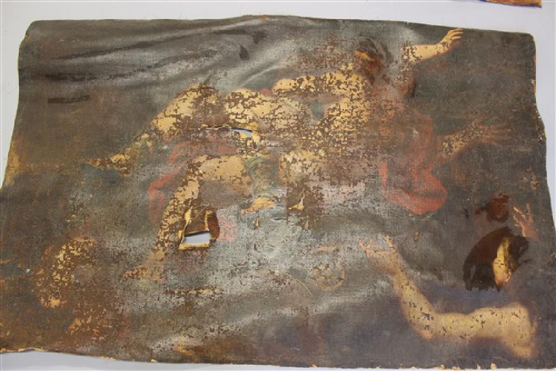Old Master Oil 17th/18th c.: An old master oil on canvas depicting a Mythological Greek scene (Eros and Psyche?). Probably 18th century. Extreme paint loss and flaking. Painting is very hard to make out. Dimensions: 45" X 69" Pro