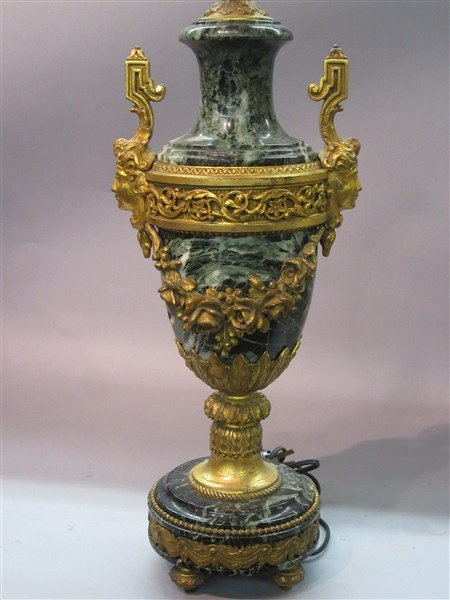 Art Nouveau Marble, Bronze Ormolu Urn Form Table Lamp: An Art Nouveau marble with bronze ormolu urn form table lamp. Dimensions: 31"h X 8 1/2" overall.