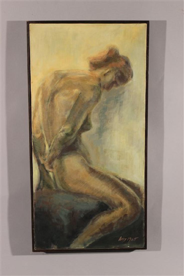Lilly M. Tussey (Bulgarian/American d.2005): Lily M. Tussey (Bulgarian/American d.2005)) Titled: Untitled female nude Oil on canvas Signed: Lilly 1965 lower right Dimensions: 30 1/2" X 15" Provenance: Estate of Wassil Tussusov, New York, New Yor