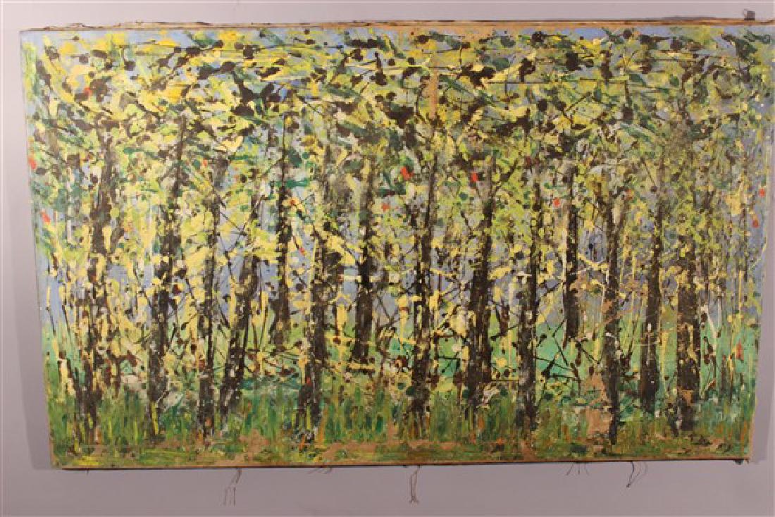 Abstract Oil On Canvas, Trees: Reuben K. B.... Illegbly Signed (American, 20th century) Titled: Trees Created 1971 Oil on canvas. Dimensions: 29" X 48" Provenance: Estate of John Bocchieri, Brooklyn, New York Inv. 109