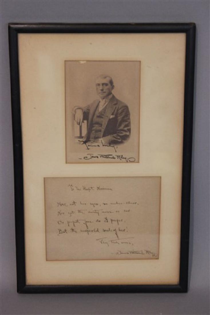 James Whitcomb Riley (1849-2016): James Whitcomb Riley (1849-1916) Signed photograph and poem. To the Rapt Musician, Nay, not her eyes, so amber = clear, Nor yet the dainty nose or ear Or perfect face do I prefer, But the inspired sou