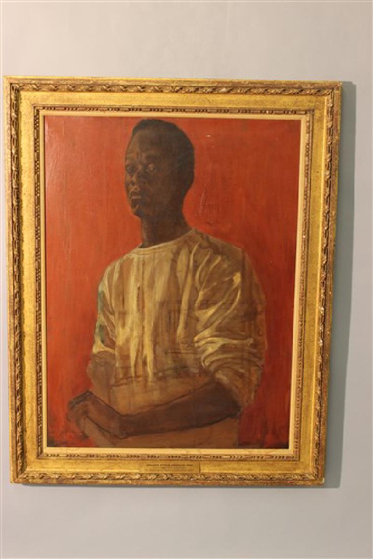 Marjorie Steele Oil On Canvas Black Male Portrait: Marjorie Steele (American 1930-2018) Titled: Portrait of James Baldwin Oil on canvas Housed in a gilt wood frame. Dimensions: 48"h X 38"L X 3"d Provenance: Huntington Hartford Collection