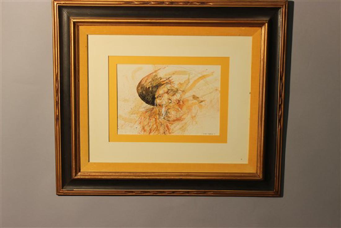 Robert Freeman (American Sioux Indian b.1939) Painting: Robert Freeman (American Sioux Indian b.1939) Titled: JulioWatercolor on paperDimensions: 8 1/2" X 12 1/4" and 24" X 28" overallCreated: 1971Signed lower right with exhibition label verso.