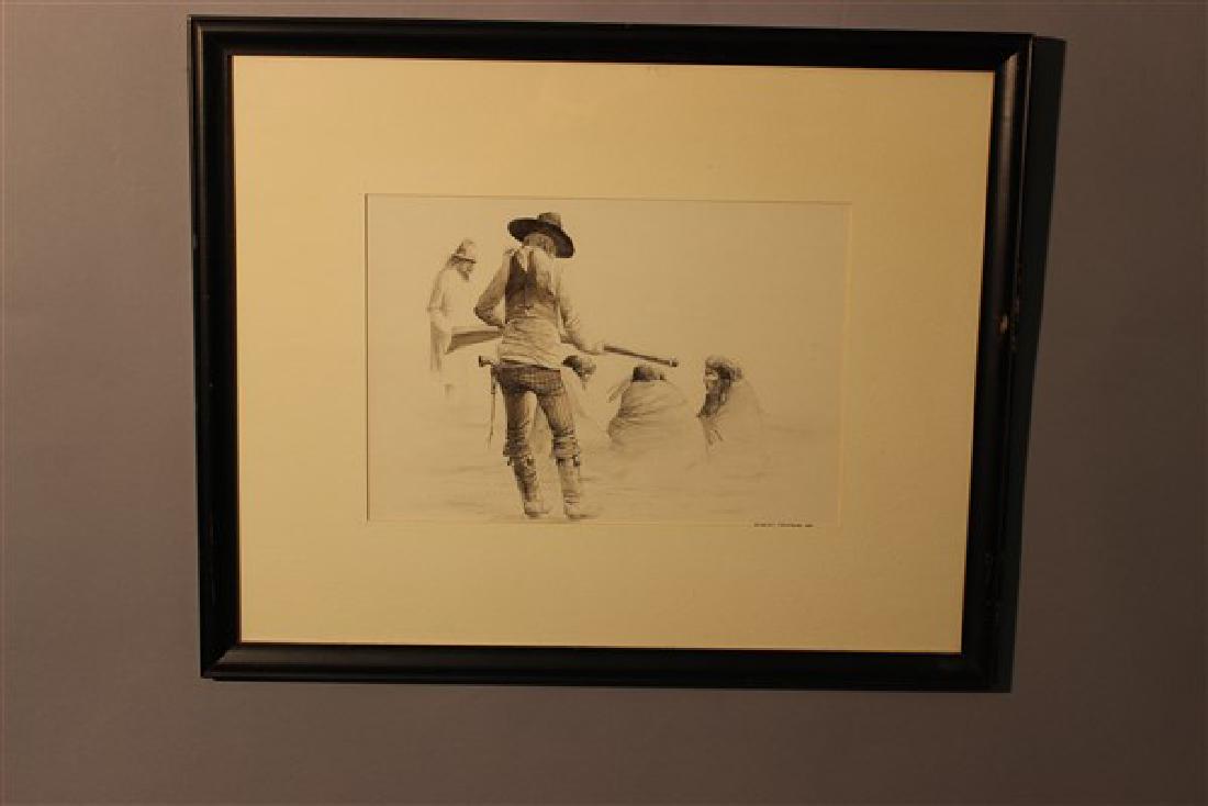 Robert Freeman (American Sioux Indian b.1939) Painting: Robert Freeman (American Sioux Indian b.1939) Untitled: Indians being held at gun pointPen in inkDimensions: 8 3/4" X 12 1/2" and 17 1/2" X 21 1/2" framedCreated: 1968Signed lower right